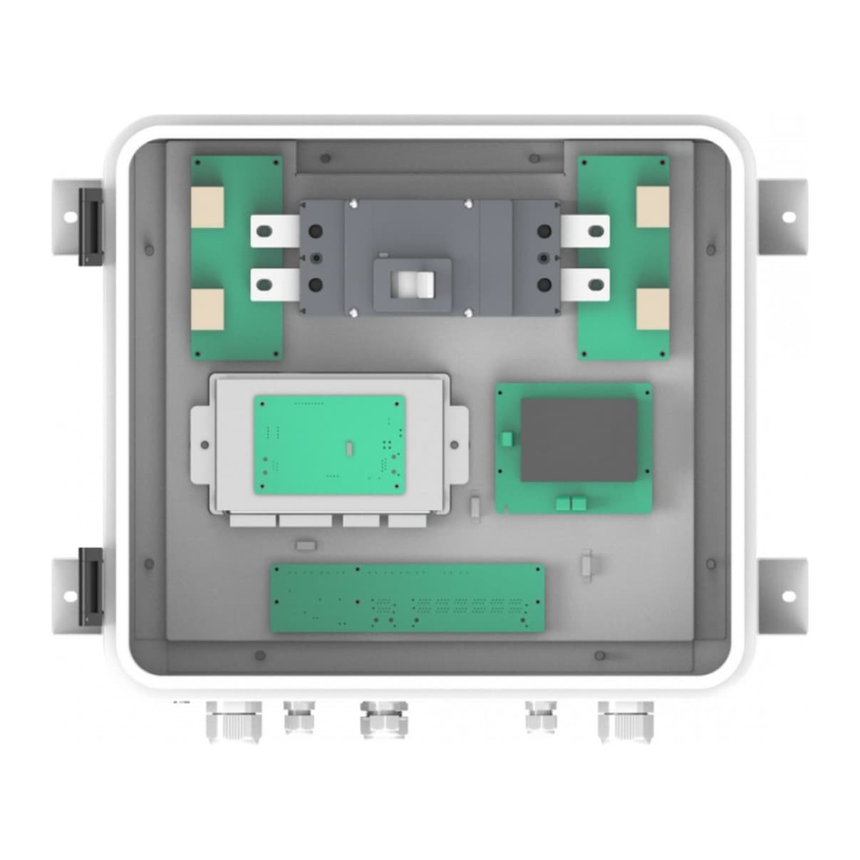 Dyness DCB-TW-65-5U, binnenzijde met bus-PCB, BMS en DC-schakelaar