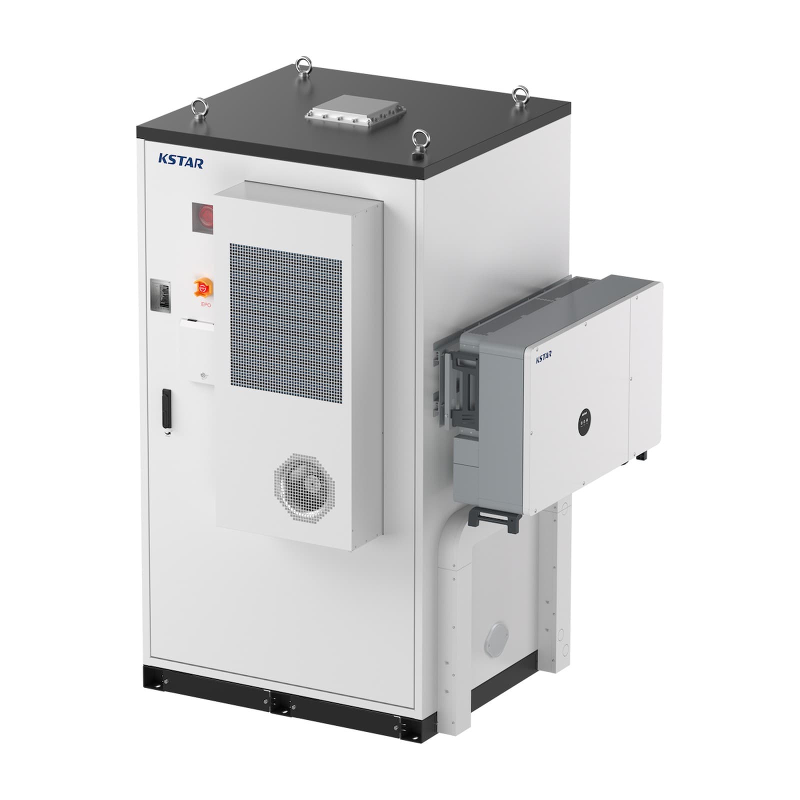 KSTAR BluePulse batterijkast driekwart aanzicht met KAC20-50DP2-omvormer op de zijwand