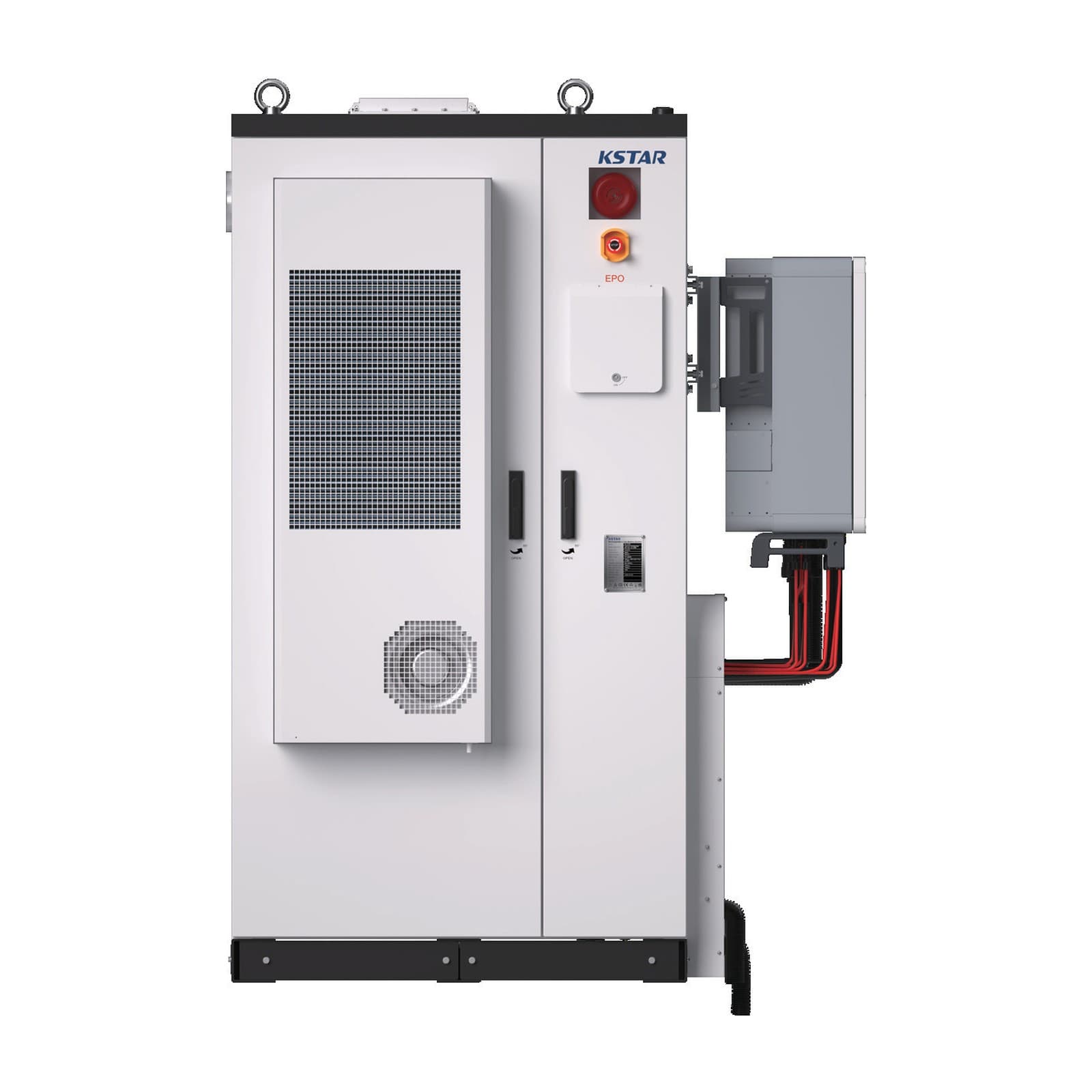 KSTAR BluePulse BC107DE2 batterijkast vooraanzicht met zijdelings gemonteerde KAC-omvormer