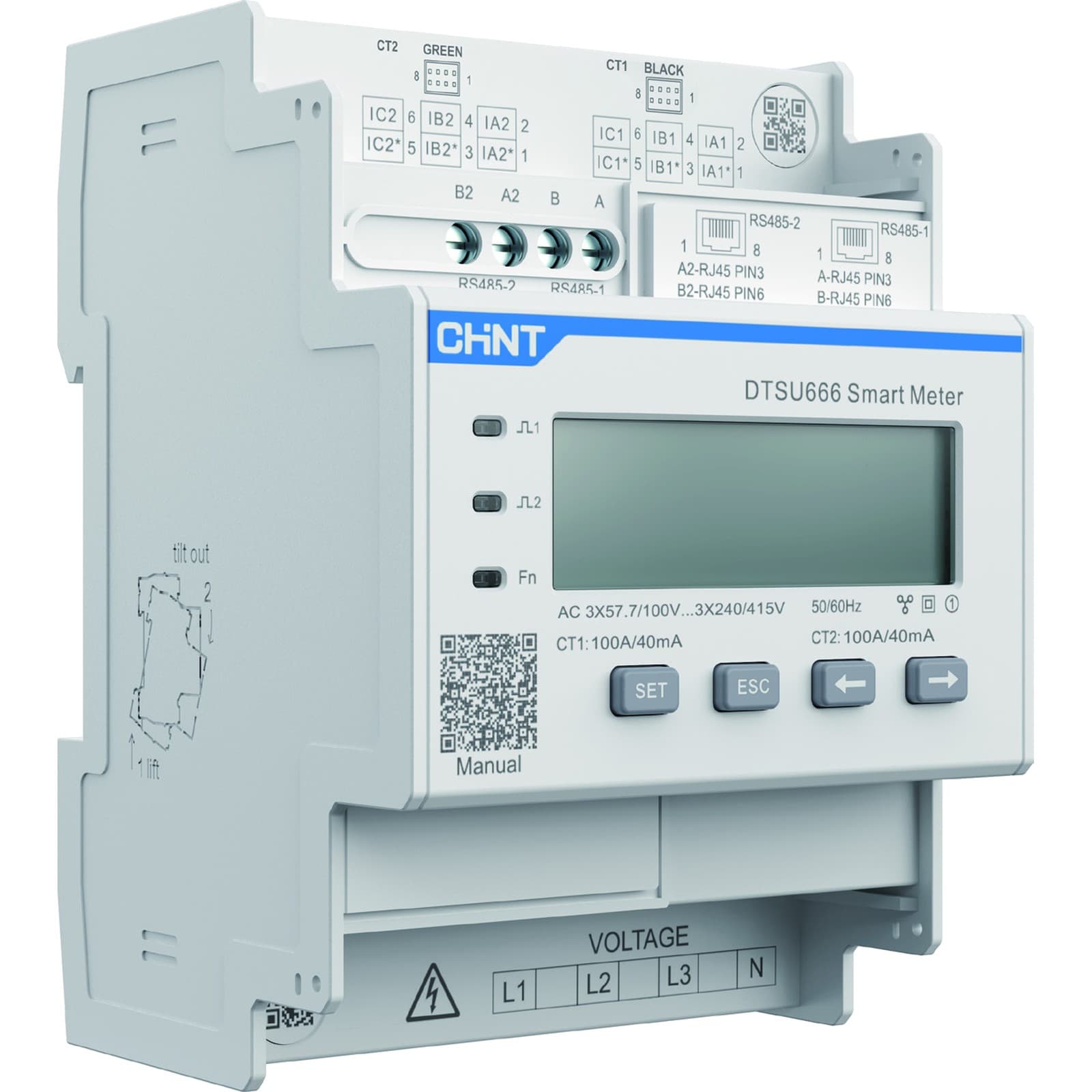 CHINT DTSU666 driefasige smart meter, dubbelkanaals, voorkant